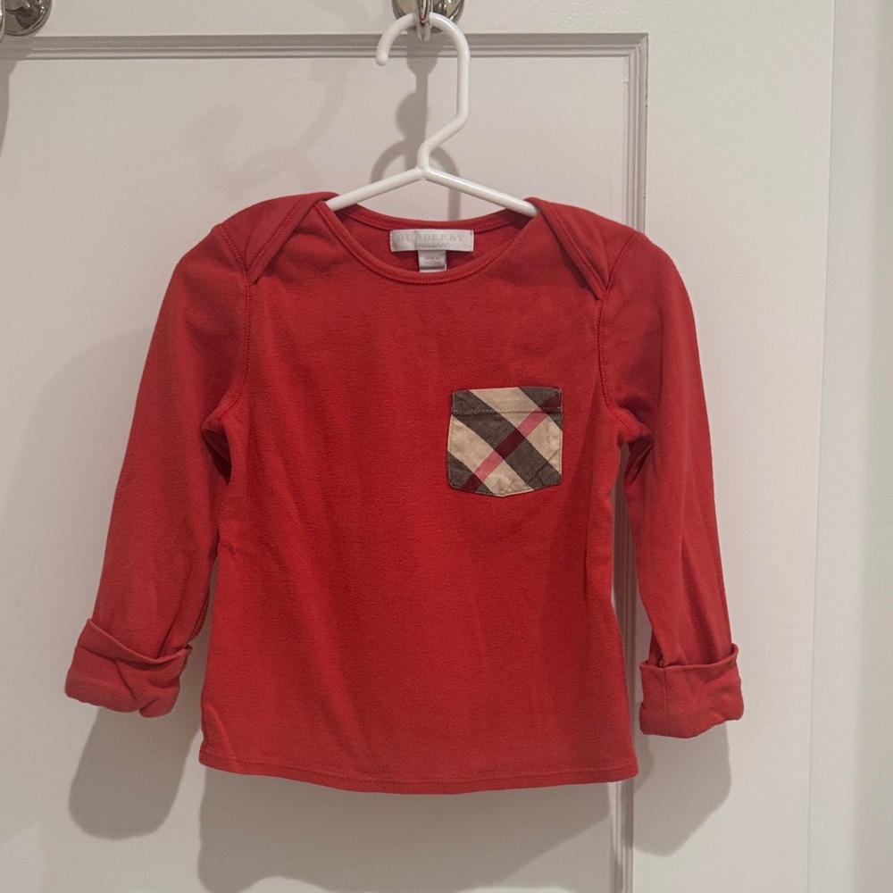Burberry Red Long Sleeve Kids Tee with Plaid Pocket size 2T